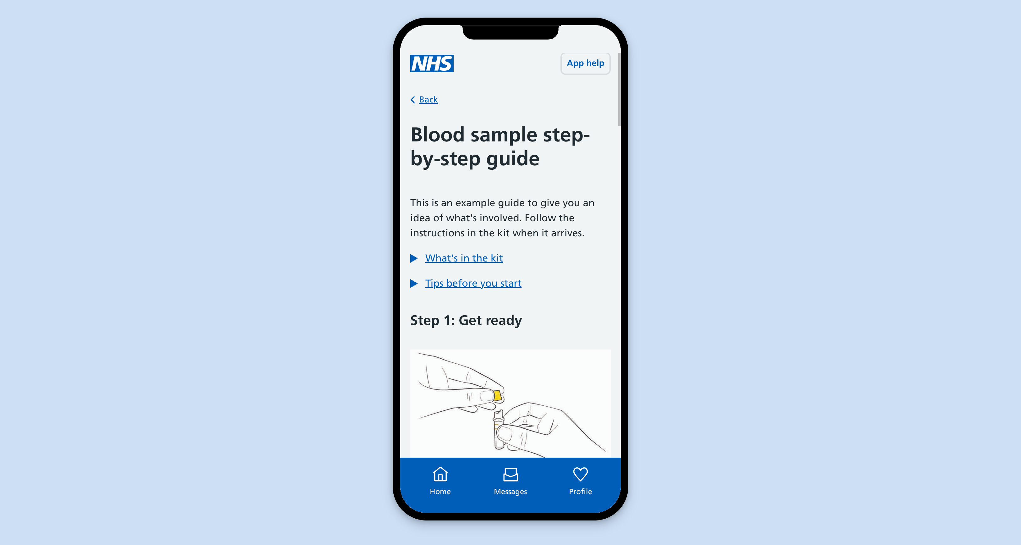 An illustration in the NHS App showing people how to take a blood sample.