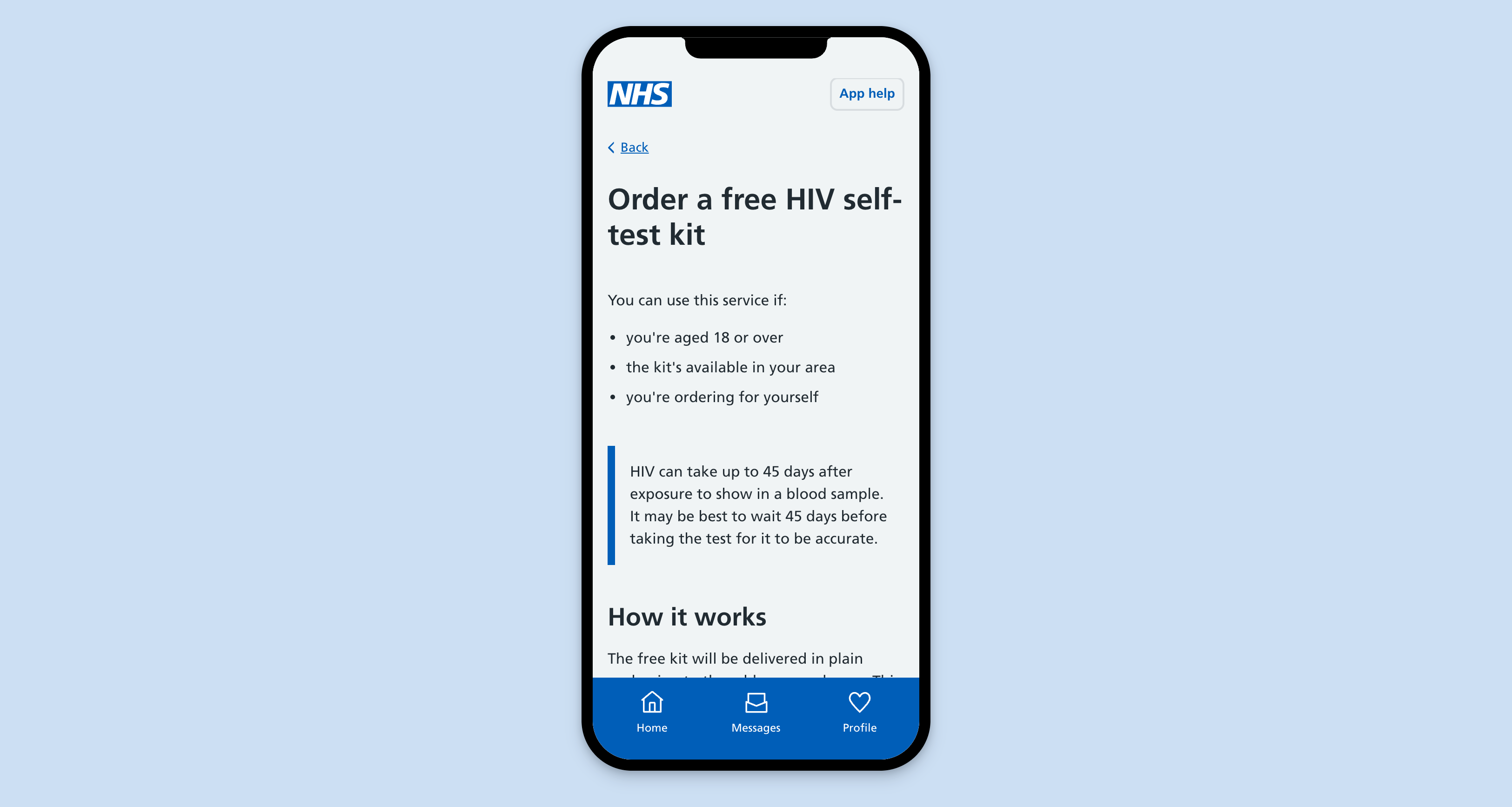 A screenshot showing how users can order a free HIV self-test kit in the NHS App.